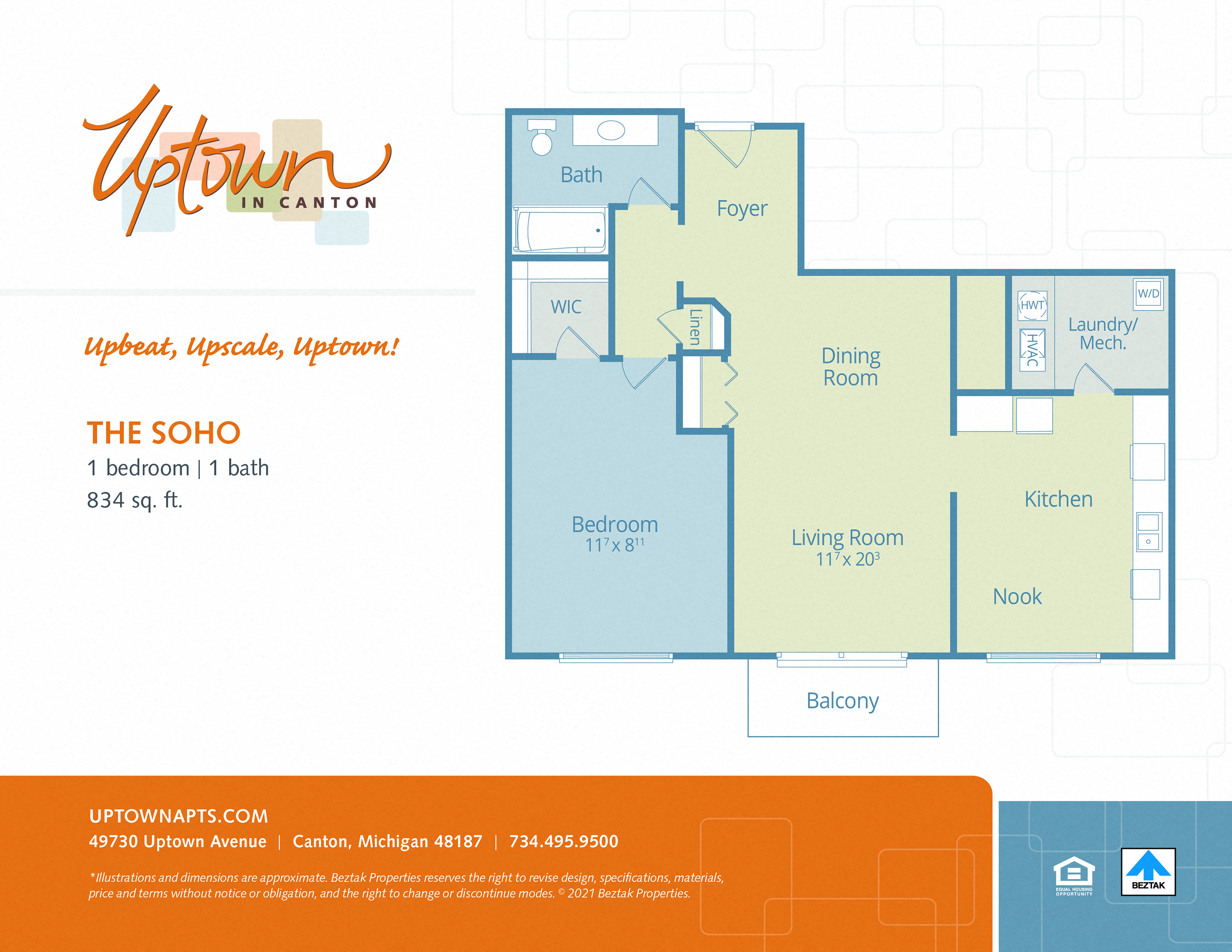 Floor plan for 1 bed, 1 bath, 834 sqft